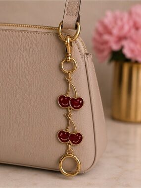 Gold Cherry Dangle Keychain/ Bag charm or bag extender with Red Enamel Cherries